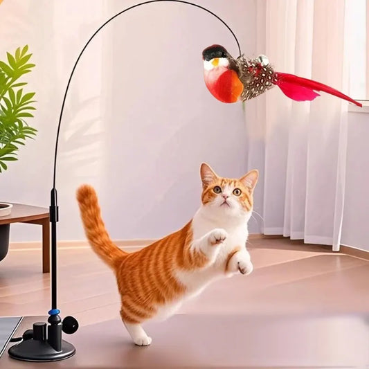 Interactive Self-Play Cat Wand with Suction Base, Feather & Bell - Automatic Bouncing Teaser(Yellow) - Image 4