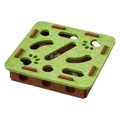 Green-Brown Felt Puzzle Square Shape Box Cat Toy with 2 Metal Bell Balls - Scratch-Resistant & Interactive Hide-and-Seek Toy, Brain Stimulating Fun