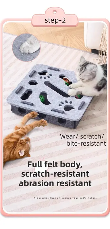 Green-Brown Felt Puzzle Flower Shape Box Cat Toy with 2 Metal Bell Balls - Scratch-Resistant & Interactive Hide-and-Seek Toy, Brain Stimulating Fun - Image 3