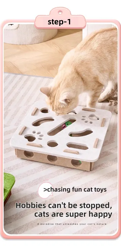 Grey Felt Puzzle Square Shape Box Cat Toy with 2 Metal Bell Balls - Scratch-Resistant & Interactive Hide-and-Seek Toy, Brain Stimulating Fun - Image 2