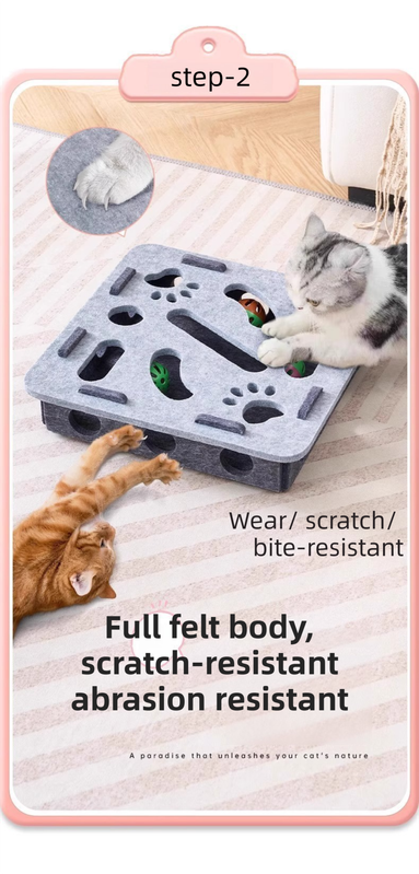 Grey Felt Puzzle Flower Shape Box Cat Toy with 2 Metal Bell Balls - Scratch-Resistant & Interactive Hide-and-Seek Toy, Brain Stimulating Fun - Image 3