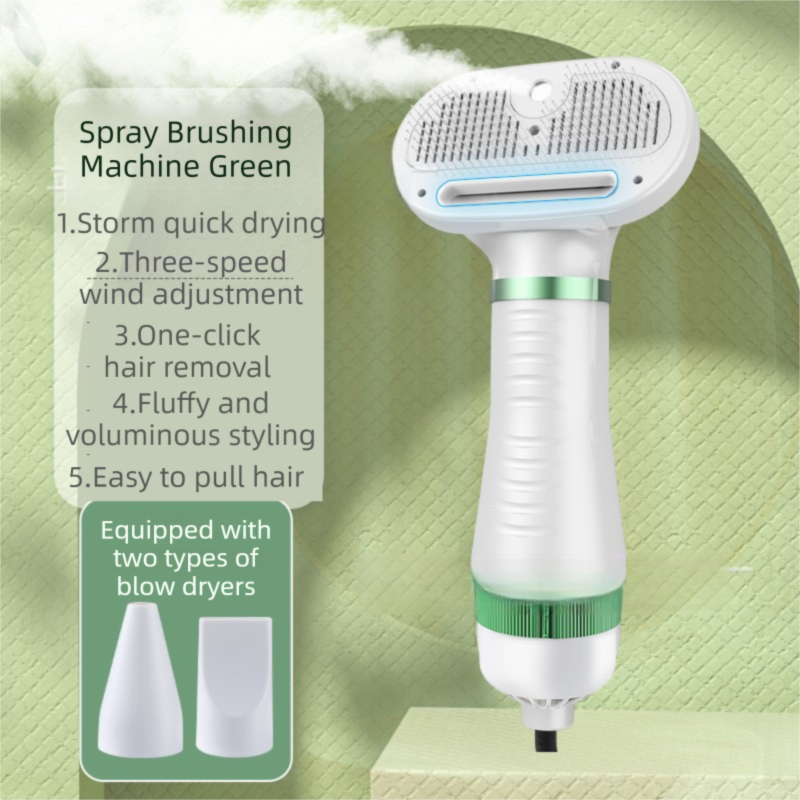 Green 6-in-1 Pet Grooming Hair Dryer with Noise-Reduction - Lightweight Handheld Blow Dryer & Mist Slicker Brush - 3-Speed Temperature Control, One-Click Deshedding & Painless Massage - Image 6
