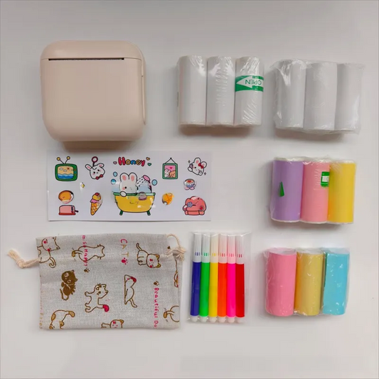 White X6 Mini Portable Bluetooth Instant Photo & Note Printer for Students - Deluxe 20-Piece Gift Set with 12 Paper Rolls, Color Pens & Storage Bag