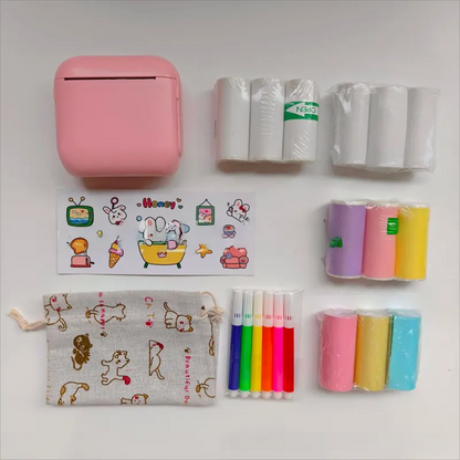 Pink X6 Mini Portable Bluetooth Instant Photo & Note Printer for Students - Deluxe 20-Piece Gift Set with 12 Paper Rolls, Color Pens & Storage Bag
