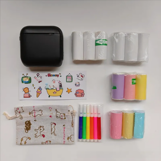 Black X6 Mini Portable Bluetooth Instant Photo & Note Printer for Students - Deluxe 20-Piece Gift Set with 12 Paper Rolls, Color Pens & Storage Bag