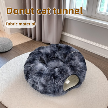 2-in-1 Dark Blue Tie-Dye Donut-Shaped Cat Tunnel Bed -  Spacious 85cm Pet Play Tunnel & Lounger, Durable Fabric for Cats & Kittens - Image 2