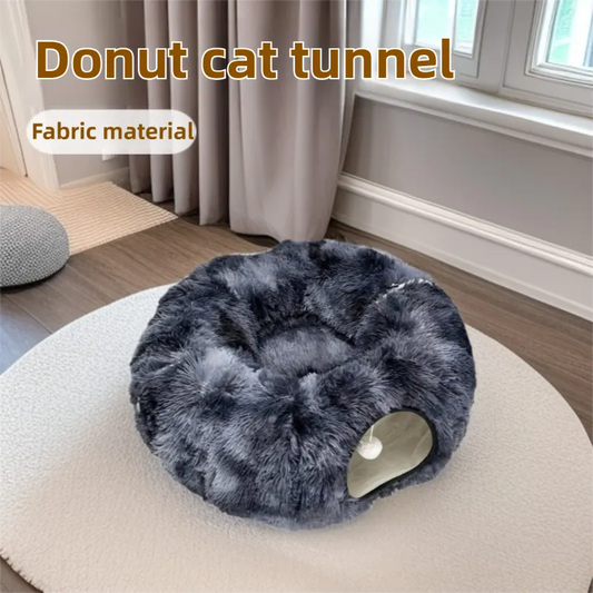 2-in-1 Dark Blue Tie-Dye Donut-Shaped Cat Tunnel Bed -  Spacious 85cm Pet Play Tunnel & Lounger, Durable Fabric for Cats & Kittens - Image 2