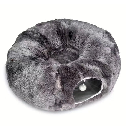 2-in-1 Dark Grey Tie-Dye Donut-Shaped Cat Tunnel Bed -  Spacious 85cm Pet Play Tunnel & Lounger, Durable Fabric for Cats & Kittens