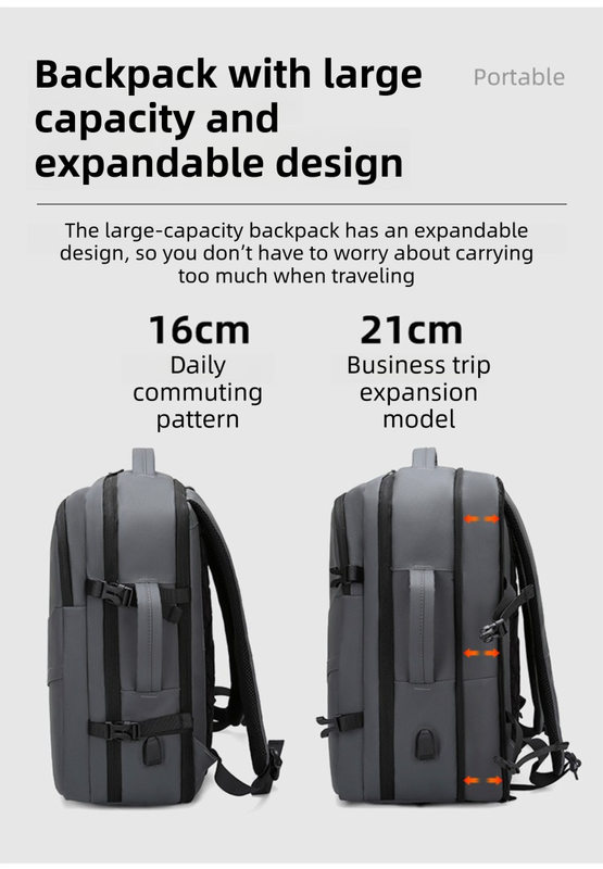 Black Premium Business Expandable Travel Backpack with External USB Charging - 20-35L Large-Capacity & Waterproof Commuter Daypack - Image 2