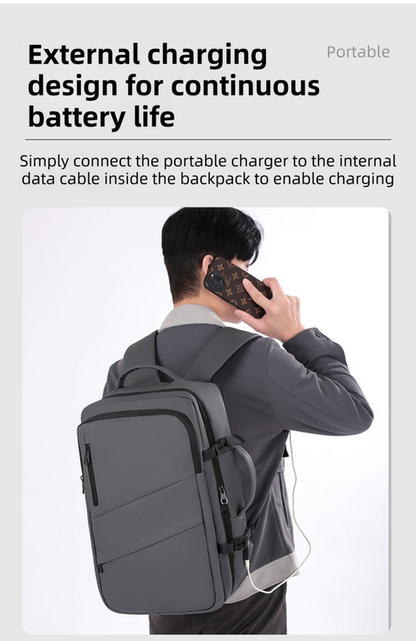 Black Premium Business Expandable Travel Backpack with External USB Charging - 20-35L Large-Capacity & Waterproof Commuter Daypack - Image 3