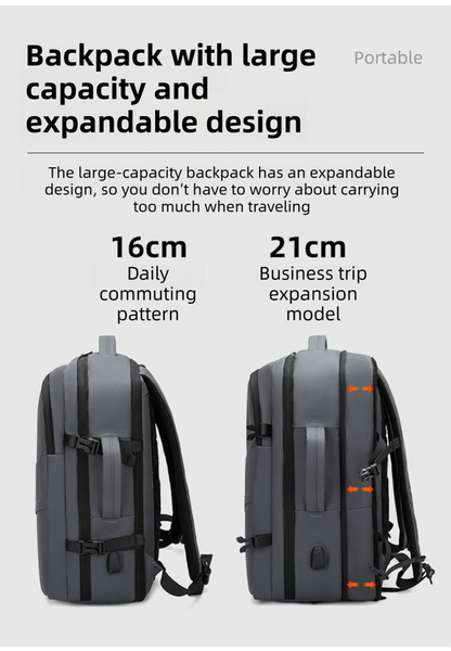 Grey Premium Business Expandable Travel Backpack with External USB Charging - 20-35L Large-Capacity & Waterproof Commuter Daypack - Image 2