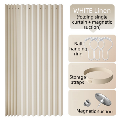 120 X 180 CM White Linen-Look Dust Drill-Free Pull-Curtain - Folding Doorless Closet Divider with Magnetic Closure & Hanging Rings
