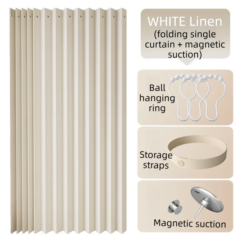 120 X 180 CM White Linen-Look Dust Drill-Free Pull-Curtain - Folding Doorless Closet Divider with Magnetic Closure & Hanging Rings