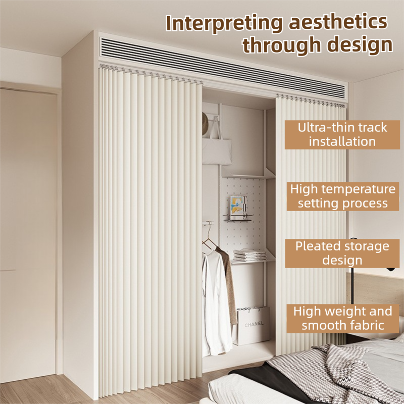 120 X 180 CM Light Gray Linen-Look Dust Drill-Free Pull-Curtain - Folding Doorless Closet Divider with Magnetic Closure & Hanging Rings - Image 5