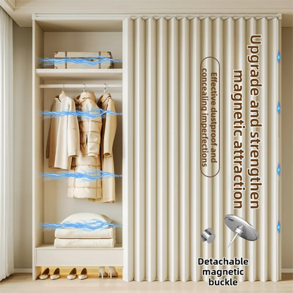 150 X 180 CM White Linen-Look Dust Drill-Free Pull-Curtain - Folding Doorless Closet Divider with Magnetic Closure & Hanging Rings - Image 4