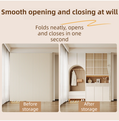 150 X 180 CM Khaki Linen-Look Dust Drill-Free Pull-Curtain - Folding Doorless Closet Divider with Magnetic Closure & Hanging Rings - Image 3