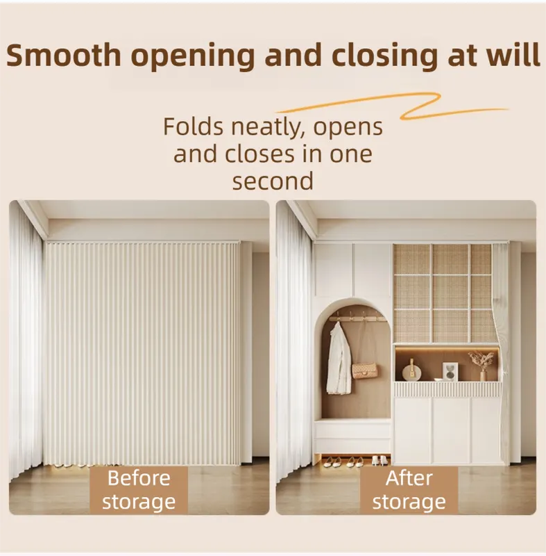 150 X 180 CM Khaki Linen-Look Dust Drill-Free Pull-Curtain - Folding Doorless Closet Divider with Magnetic Closure & Hanging Rings - Image 3