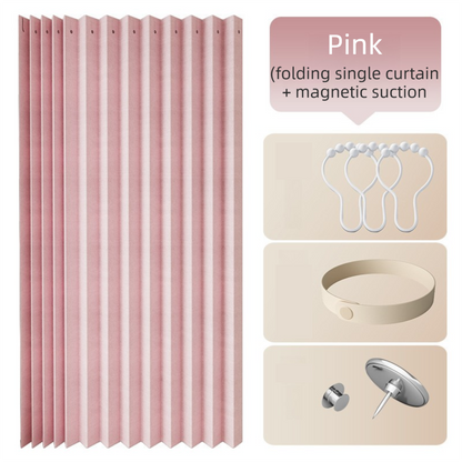 150 X 180 CM Pink Linen-Look Dust Drill-Free Pull-Curtain - Folding Doorless Closet Divider with Magnetic Closure & Hanging Rings