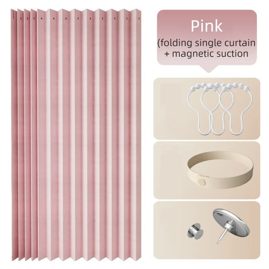 150 X 180 CM Pink Linen-Look Dust Drill-Free Pull-Curtain - Folding Doorless Closet Divider with Magnetic Closure & Hanging Rings