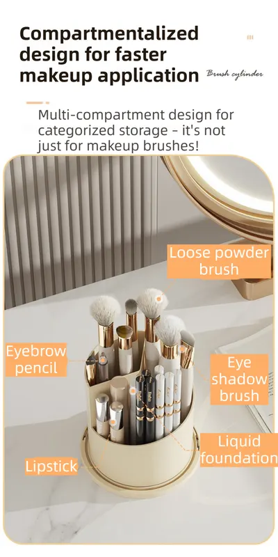 White 360° Rotating Makeup Brush Holder with Transparent Dust-Proof Sliding Door - Large Capacity Cosmetic Organizer, Professionaln Gradient Dual Zones - Image 3
