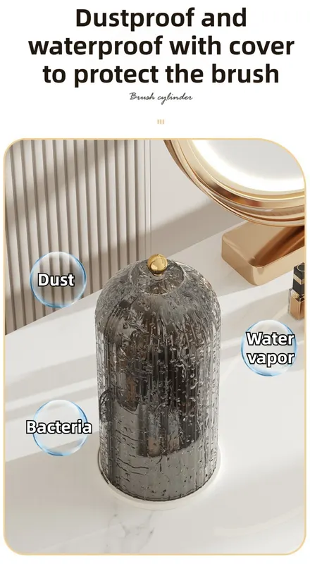 White 360° Rotating Makeup Brush Holder with Black Transparent Dust-Proof Sliding Door - Large Capacity Cosmetic Organizer, Professionaln Gradient Dual Zones - Image 4