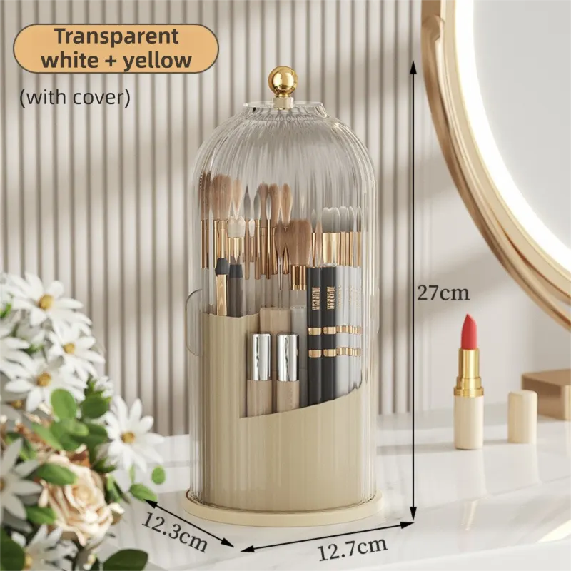 Yellow 360° Rotating Makeup Brush Holder with Transparent Dust-Proof Sliding Door - Large Capacity Cosmetic Organizer, Professionaln Gradient Dual Zones