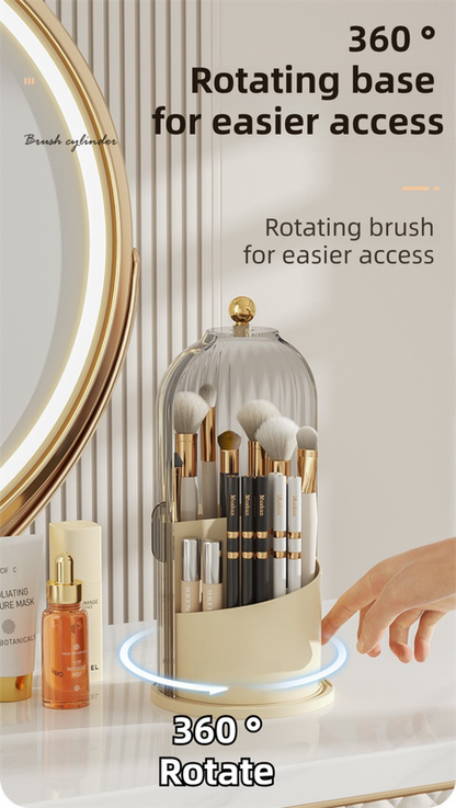 Yellow 360° Rotating Makeup Brush Holder with Black Transparent Dust-Proof Sliding Door - Large Capacity Cosmetic Organizer, Professionaln Gradient Dual Zones - Image 2
