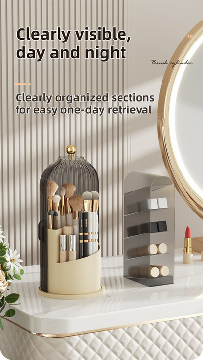 Yellow 360° Rotating Makeup Brush Holder with Black Transparent Dust-Proof Sliding Door - Large Capacity Cosmetic Organizer, Professionaln Gradient Dual Zones - Image 5