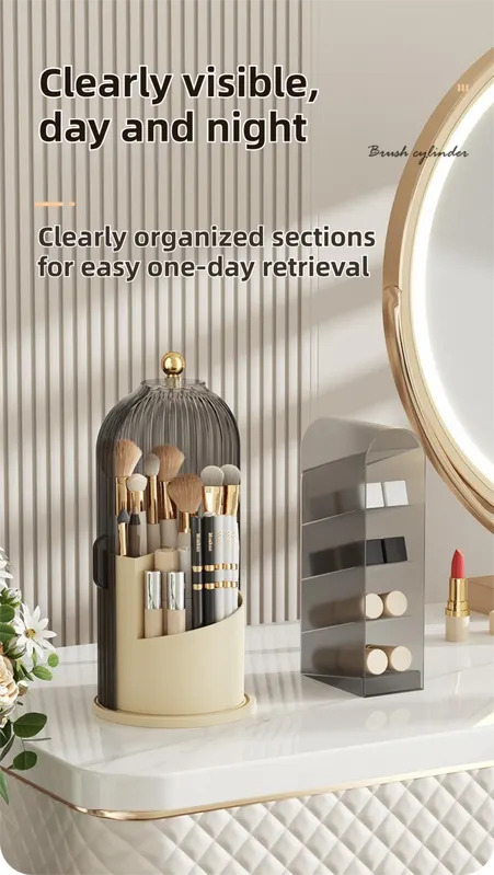 Yellow 360° Rotating Makeup Brush Holder with Black Transparent Dust-Proof Sliding Door - Large Capacity Cosmetic Organizer, Professionaln Gradient Dual Zones - Image 5