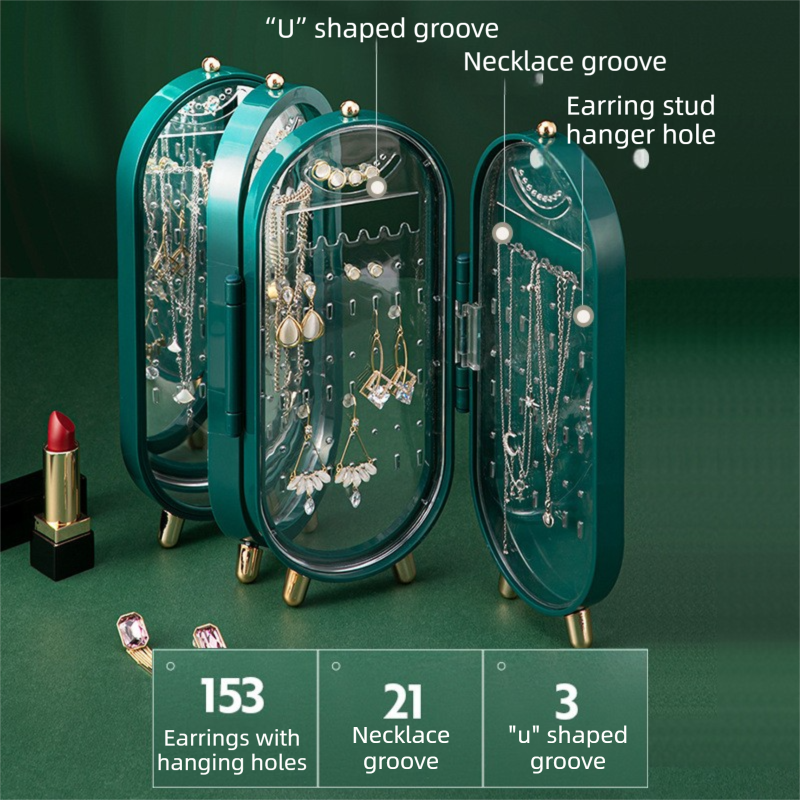 Green 4-Layer Retractable Screen-Style Jewelry Display Stand With Mirror Zone - Dust-Proof Necklace & Earring Organizer Case for Vanity - Image 3