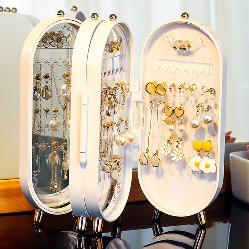 Green 4-Layer Retractable Screen-Style Jewelry Display Stand With Mirror Zone - Dust-Proof Necklace & Earring Organizer Case for Vanity - Image 5