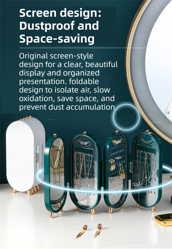 White 4-Layer Retractable Screen-Style Jewelry Display Stand With Mirror Zone - Dust-Proof Necklace & Earring Organizer Case for Vanity - Image 4