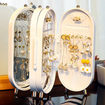 White 4-Layer Retractable Screen-Style Jewelry Display Stand With Mirror Zone - Dust-Proof Necklace & Earring Organizer Case for Vanity - Image 5