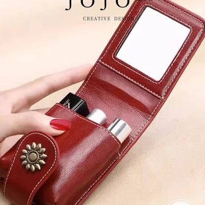 Black Sleek Compact PU Leather Flap-Top Lip Gloss Organizer with Built-in Mirror - Image 2