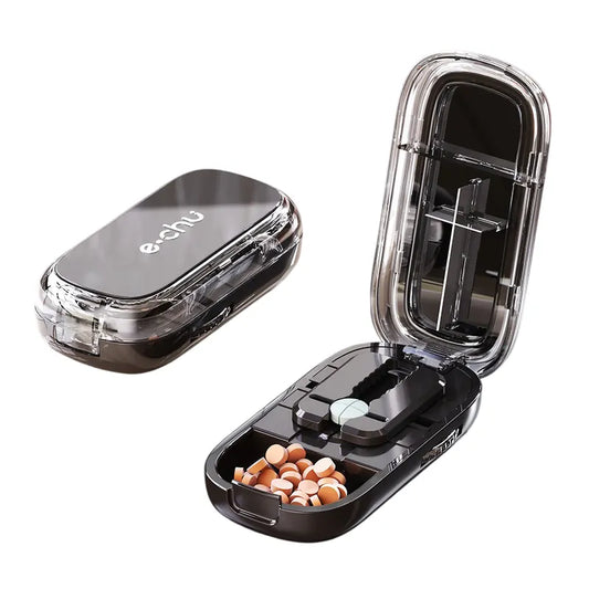 Black Portable Mini Pill Organizer with 1/2 & 1/4 Precision Cutter - 3-Compartment Daily Travel Medicine Case with Rolling Knob Lock