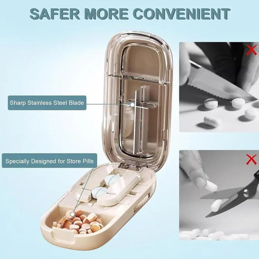 Grey Portable Mini Pill Organizer with 1/2 & 1/4 Precision Cutter - 3-Compartment Daily Travel Medicine Case with Rolling Knob Lock - Image 3