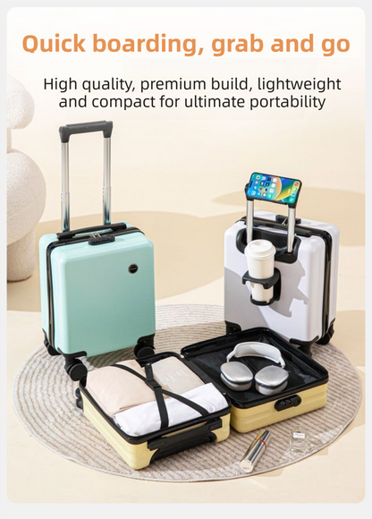 White 14 Inch Lightweight Carry-on Luggage for heights under 1.6m - Underseat & Overhead Cabin Hardside Suitcase with Cup Holder & Phone Stand - Image 7