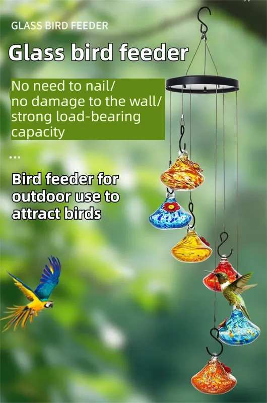 Outdoor Hand-Blown Glass Bird Feeder - Durable Weather-Proof Bird Waterer, Includes Funnel & Hanging Rope (Single - Orange Dot) - Image 2