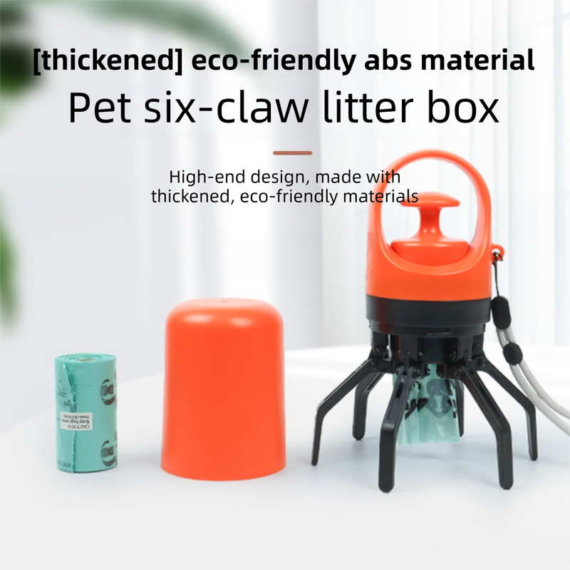 Orange Foldable 6-Claw Pet Pooper Scooper with Integrated Waste Bag Dispenser & 1 Roll of Bags - Durable One-Handed Operation for Outdoor Walking - Image 2