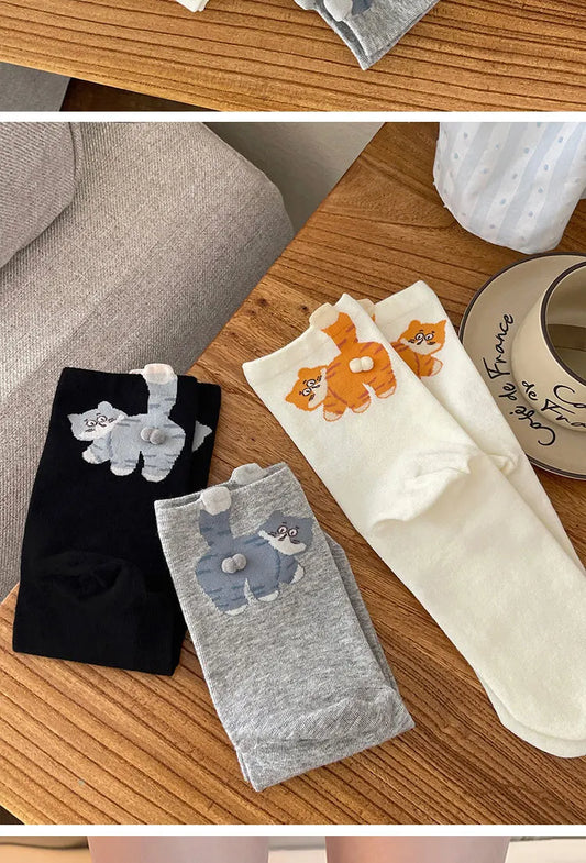 6-Pair Cute 3D Cartoon Cat Mid Socks - Breathable & Odor-Resistant Cotton Blend with Fun & Quirky Cat Pattern - Image 2