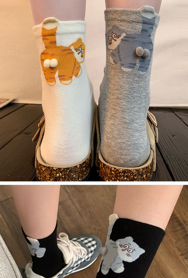 6-Pair Cute 3D Cartoon Cat Mid Socks - Breathable & Odor-Resistant Cotton Blend with Fun & Quirky Cat Pattern - Image 3