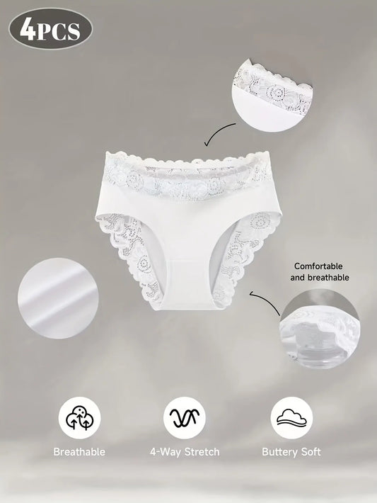 4-Pack White Elegant High-Waist Lace Panties for Women(Size S) - Tummy Control & Butt Lifting Briefs, Breathable Underwear with Cotton Crotch Lining - Image 2