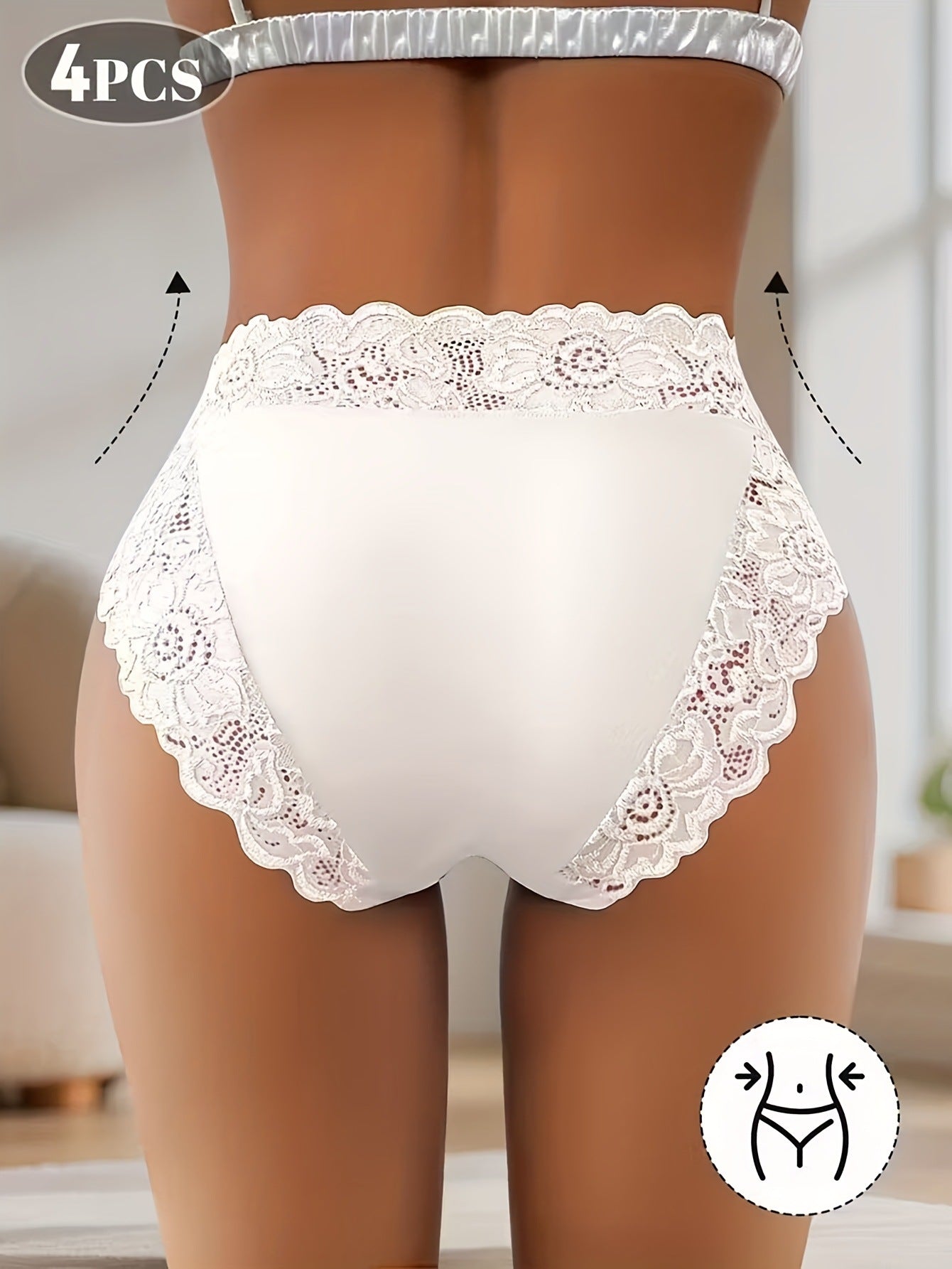 4-Pack White Elegant High-Waist Lace Panties for Women(Size L) - Tummy Control & Butt Lifting Briefs, Breathable Underwear with Cotton Crotch Lining - Image 4
