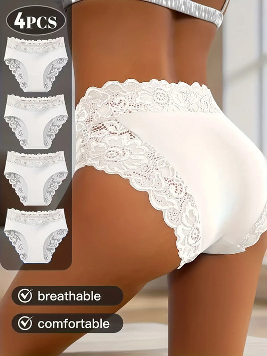 4-Pack White Elegant High-Waist Lace Panties for Women(Size XL) - Tummy Control & Butt Lifting Briefs, Breathable Underwear with Cotton Crotch Lining