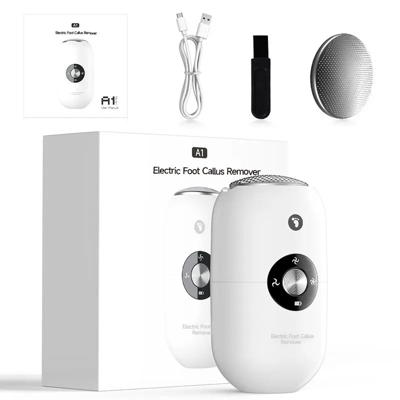 White A1 Compact Electric Foot Dead Skin and Callus Remover - IPX6 Pedicure Tool with 3-Speed Mode & Dual 360°Rotating Stainless Steel Heads