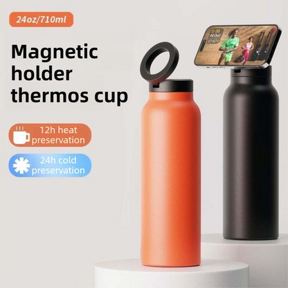White 24oz Stainless Steel Insulated Water Bottle With 90° Adjustable Vertical/Horizontal Magnetic Phone Holder - Ringo Style Magnetic Lid Sport Flask - Image 2