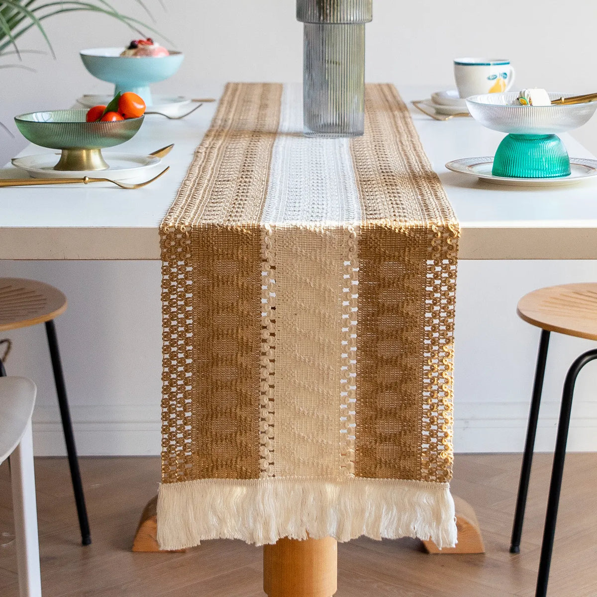 White-Grey Bohemian Woven Table Runner with Tassels(30X183CM) - Wrinkle-Resistant Striped Table Scarf for Wedding, Holiday & Outdoor Party - Image 6