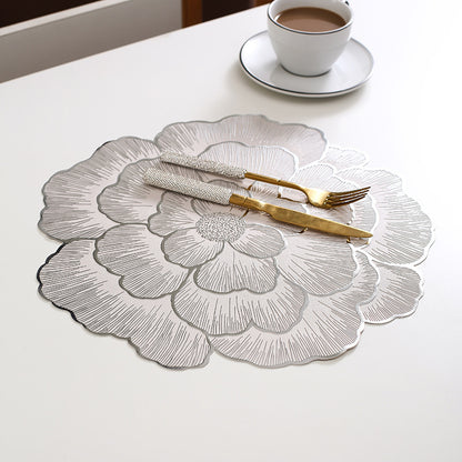 4-Pack Sliver Luxury Bronzing Floral Heat-Insulated Placemats - Peony Style Anti-Slip & Waterproof PVC Table Mats(38x38CM)