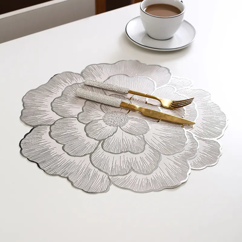 4-Pack Sliver Luxury Bronzing Floral Heat-Insulated Placemats - Peony Style Anti-Slip & Waterproof PVC Table Mats(38x38CM)