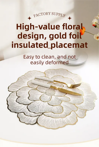 4-Pack Sliver Luxury Bronzing Floral Heat-Insulated Placemats - Peony Style Anti-Slip & Waterproof PVC Table Mats(38x38CM) - Image 2